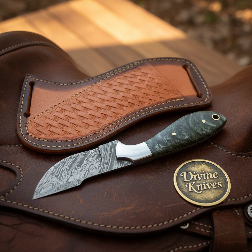 Damascus Charcoal Burl Resin Cowboy Knife with Wood Grain Blade