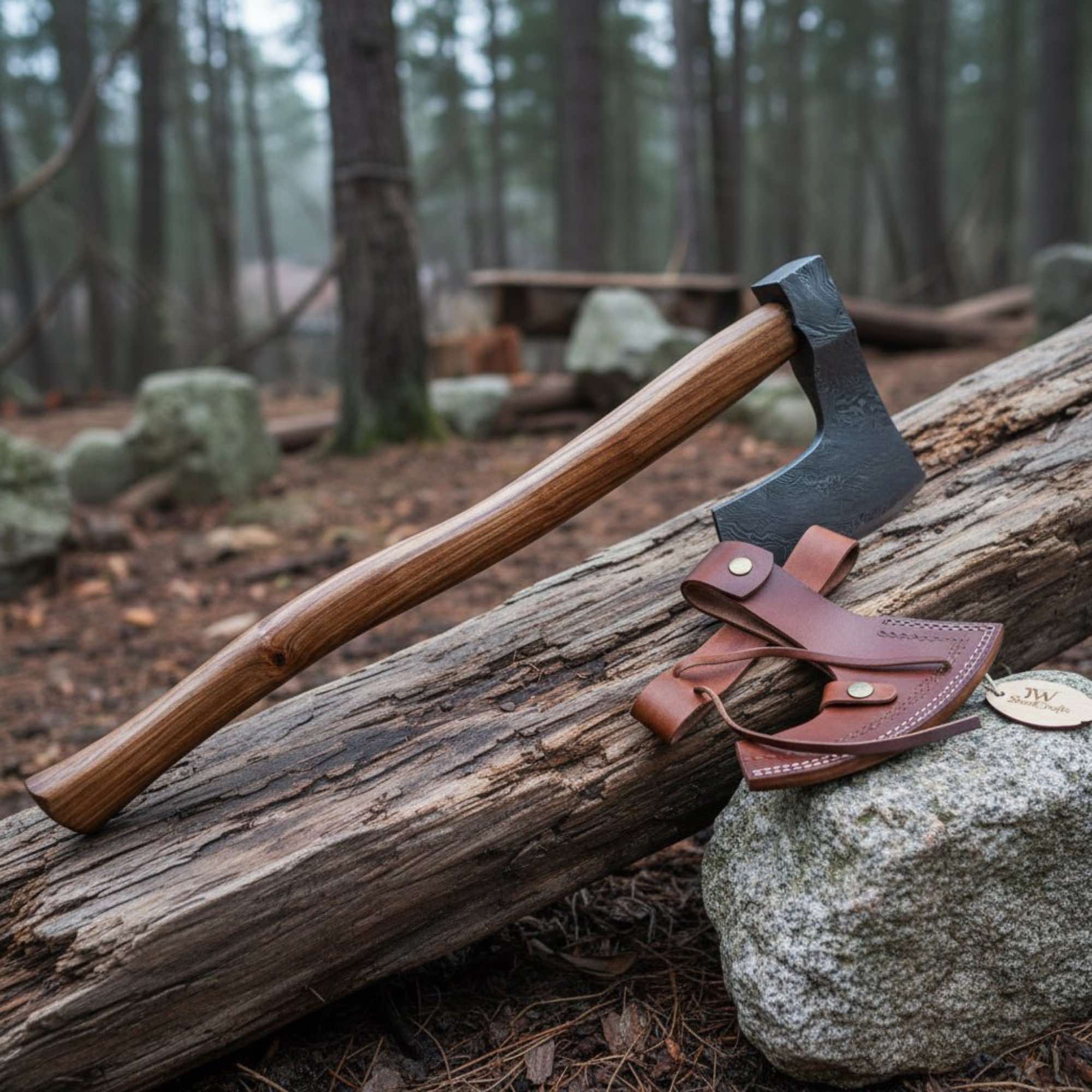 Hand-forged Damascus Bearded Axe for Bushcraft &amp; Trail Work