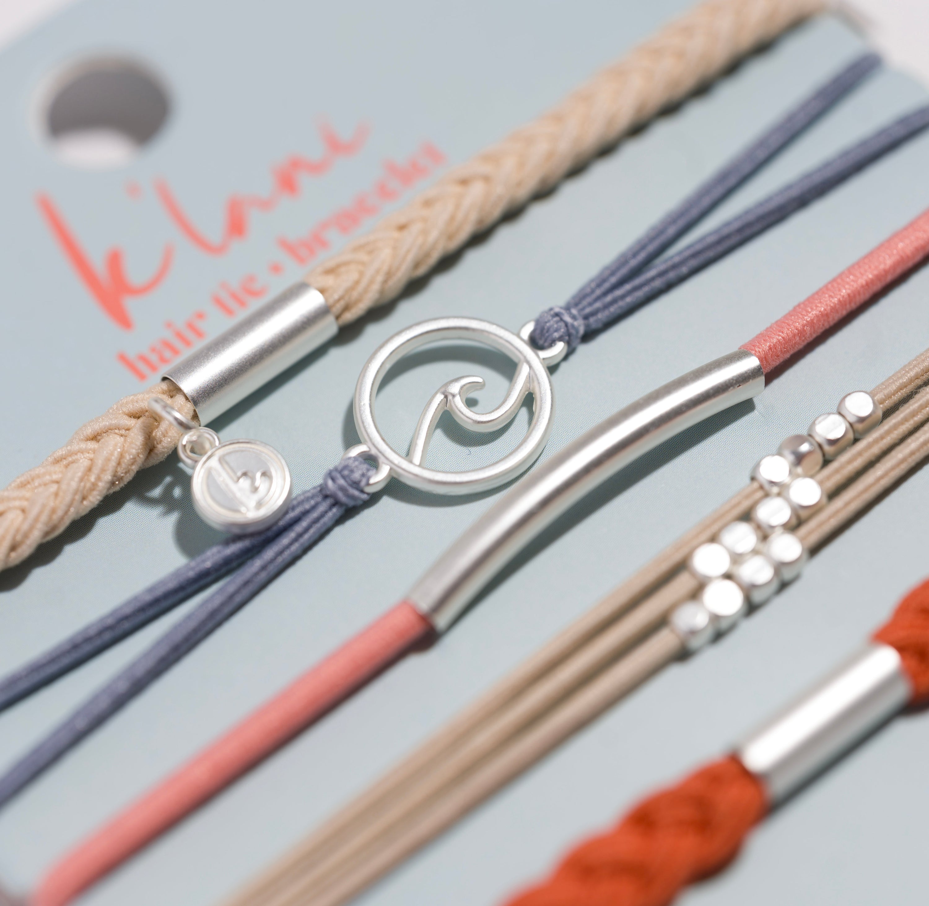 "Celebrate" Blues &amp; Corals With Silver Wave Charm Hair Tie Bracelets