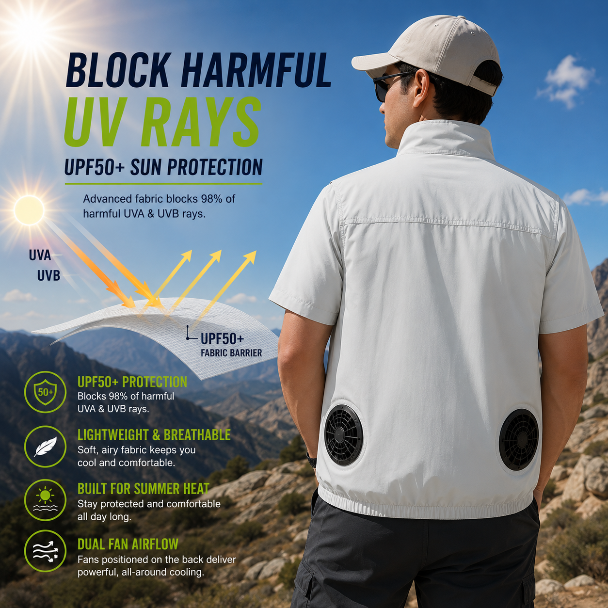 Liteguest UPF50+ Cooling Fan Vest for Hiking, Golf &amp; Outdoor Work