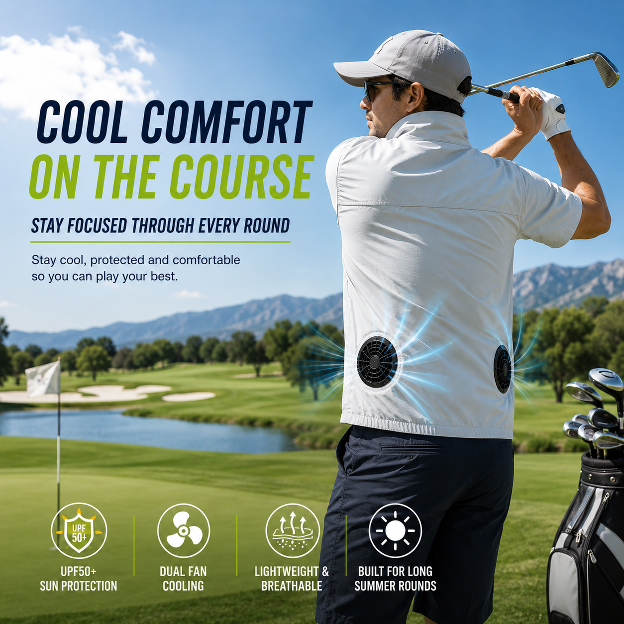 Liteguest UPF50+ Cooling Fan Vest for Hiking, Golf &amp; Outdoor Work