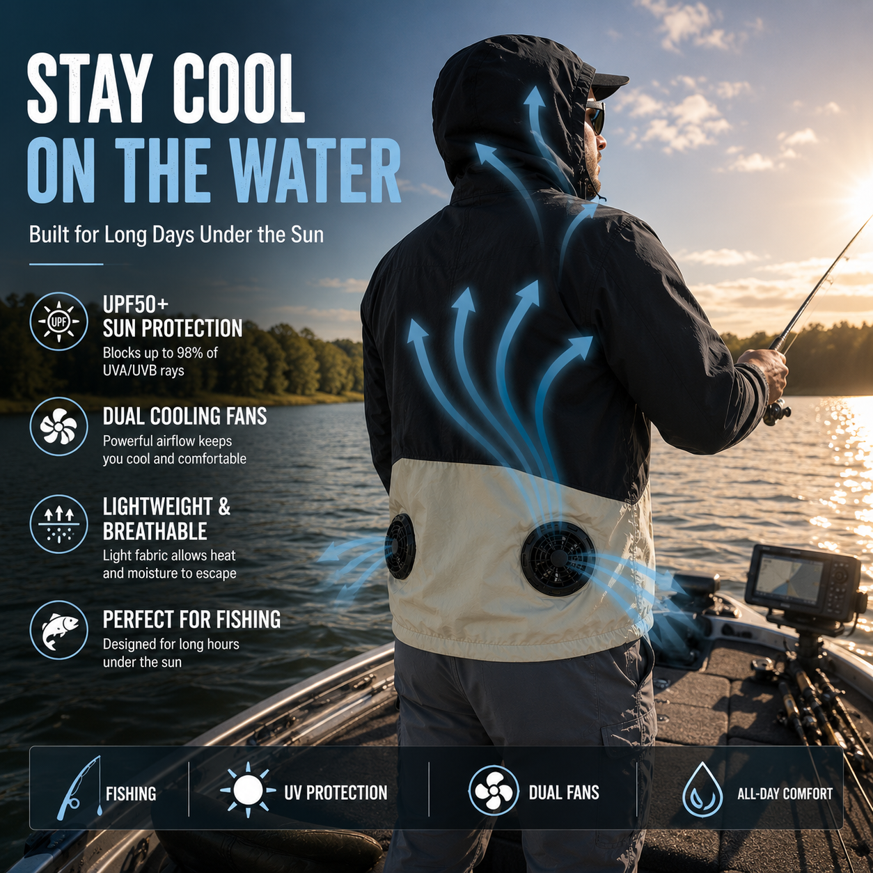 Liteguest UPF50+ Cooling Fan Jacket for Fishing, Hiking &amp; Work