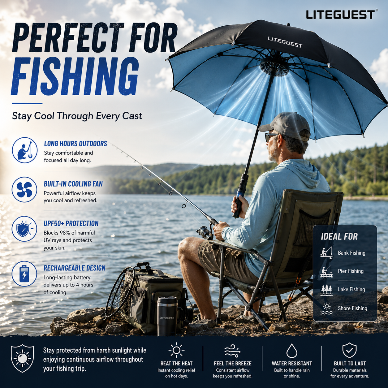 LITEGUEST Cooling Fan Umbrella | Mist Spray &amp; UPF50+ Protection