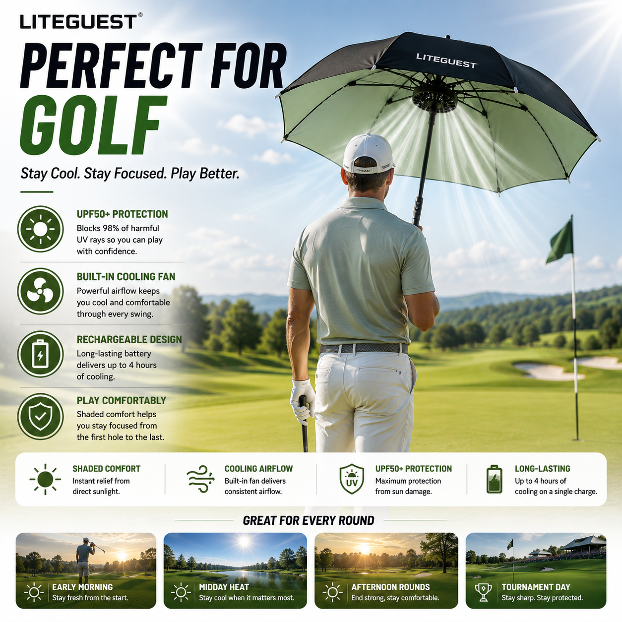 LITEGUEST Cooling Fan Umbrella | Mist Spray &amp; UPF50+ Protection