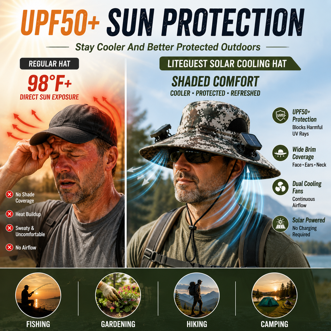 LITEGUEST Solar Cooling Hat with Dual Fans &amp; UPF50+ Sun Protection
