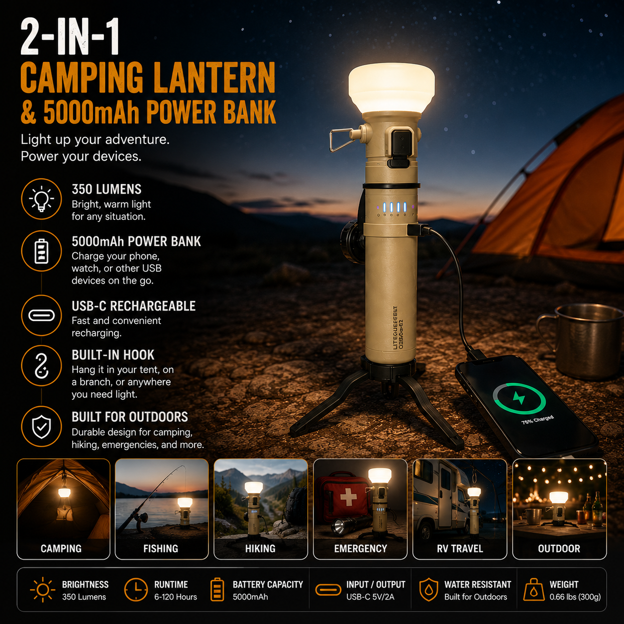 LITEGUEST 2-in-1 Camping Lantern &amp; 5000mAh Power Bank