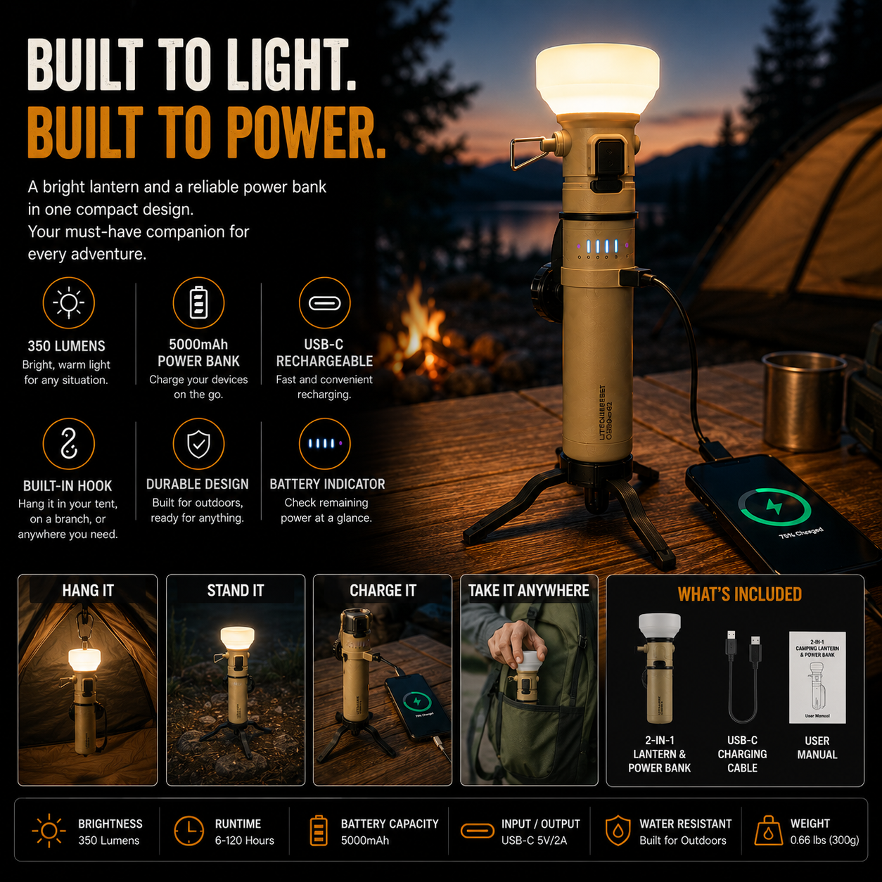 LITEGUEST 2-in-1 Camping Lantern &amp; 5000mAh Power Bank