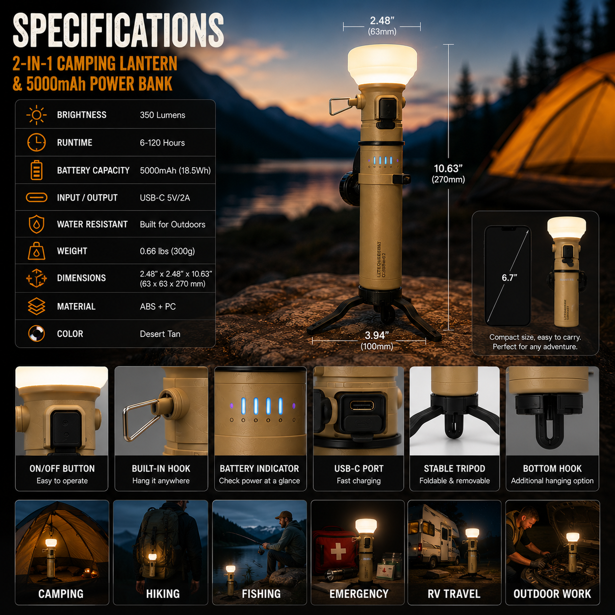 LITEGUEST 2-in-1 Camping Lantern &amp; 5000mAh Power Bank