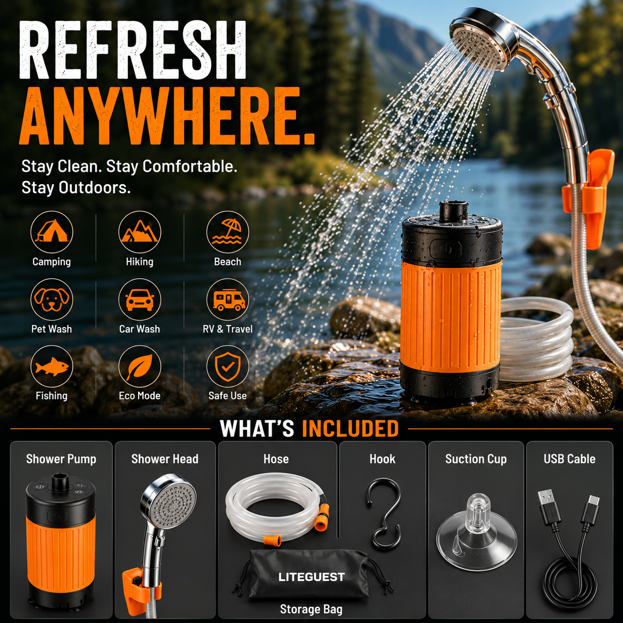 LITEGUEST Smart Portable Electric Shower – Rechargeable Camping Shower