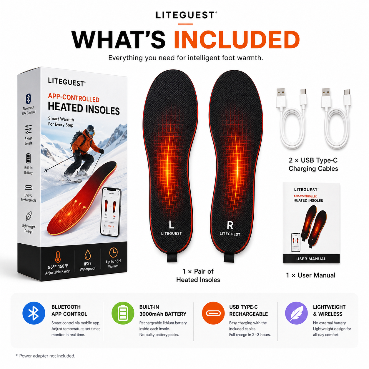 LITEGUEST Bluetooth App Heated Insoles | Rechargeable Foot Warmers