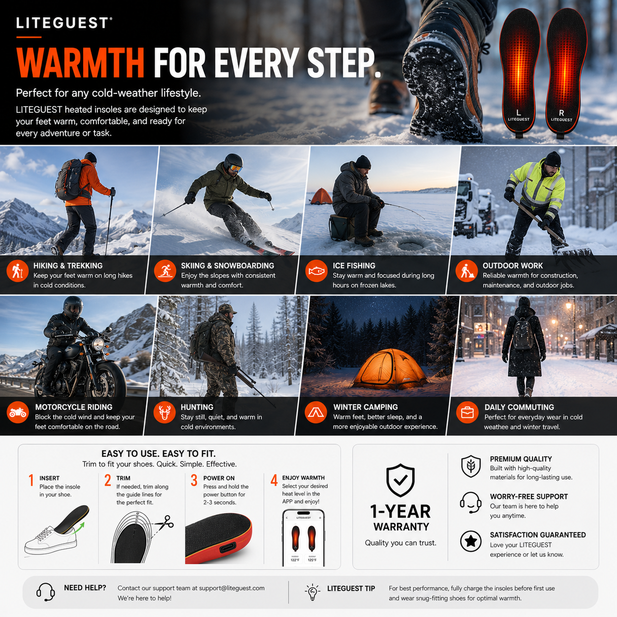 LITEGUEST Bluetooth App Heated Insoles | Rechargeable Foot Warmers