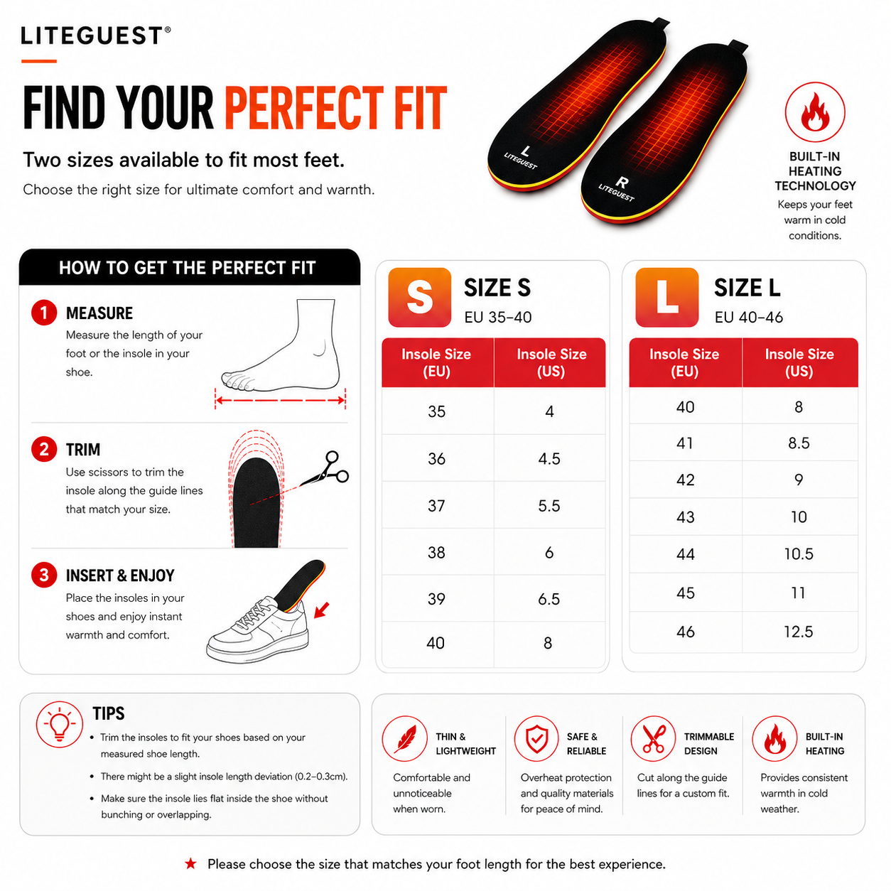 LITEGUEST Bluetooth App Heated Insoles | Rechargeable Foot Warmers