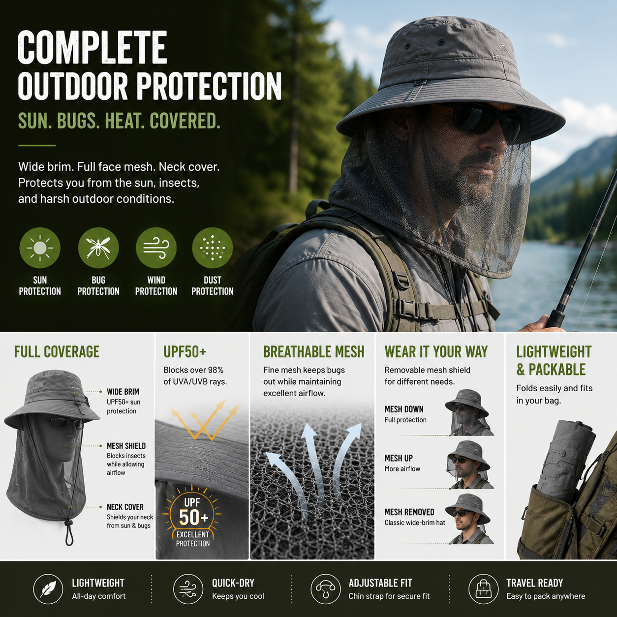 LITEGUEST Mosquito-Proof Fishing Hat – UPF50+ Sun &amp; Bug Protection Hat