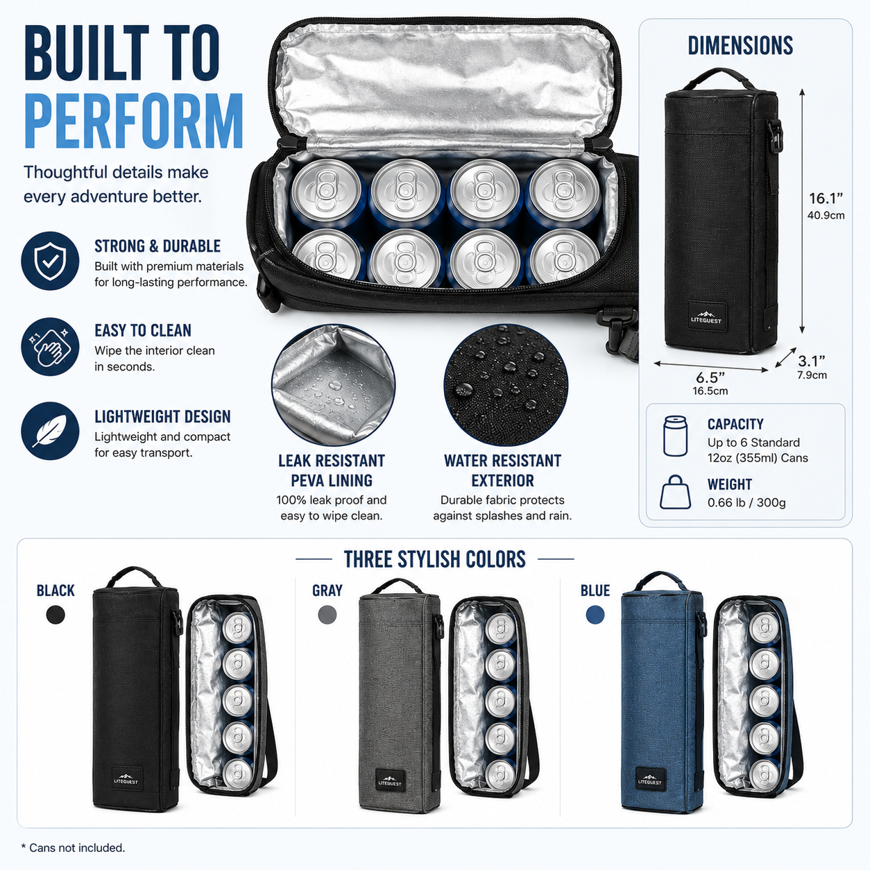 LITEGUEST 6 Can Cooler Bag – Portable Insulated Beverage Carrier