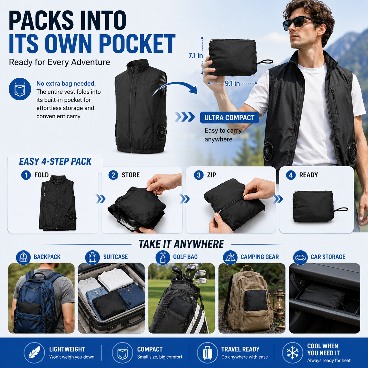 LITEGUEST Packable Side Fan Cooling Vest | Lightweight Travel Cooling