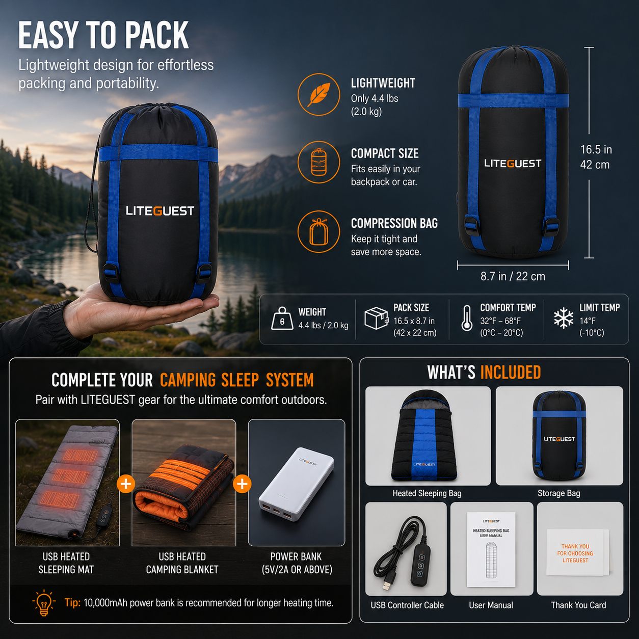 LITEGUEST USB Heated Single Sleeping Bag | Camping Sleeping Bag