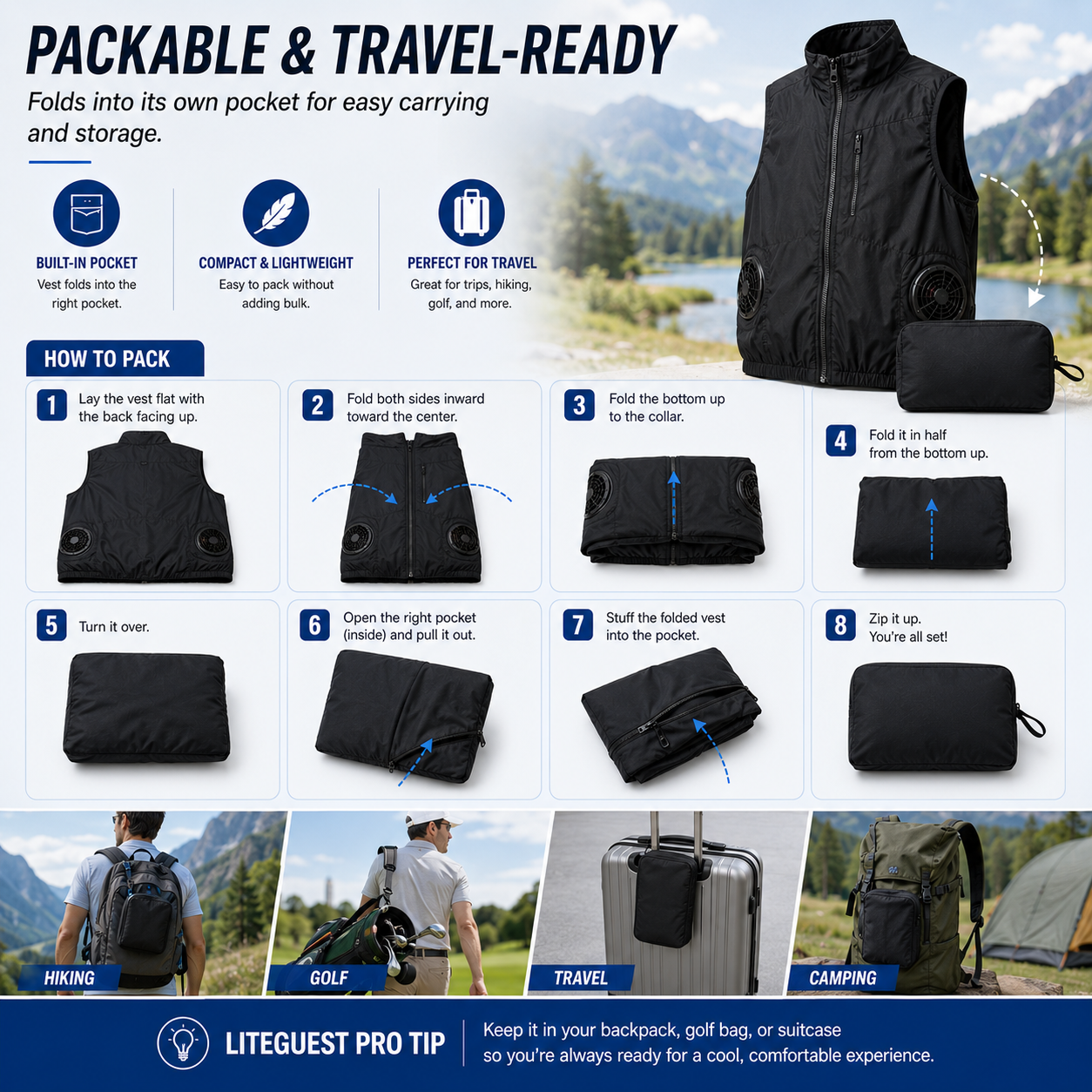 LITEGUEST Packable Side Fan Cooling Vest | Lightweight Travel Cooling