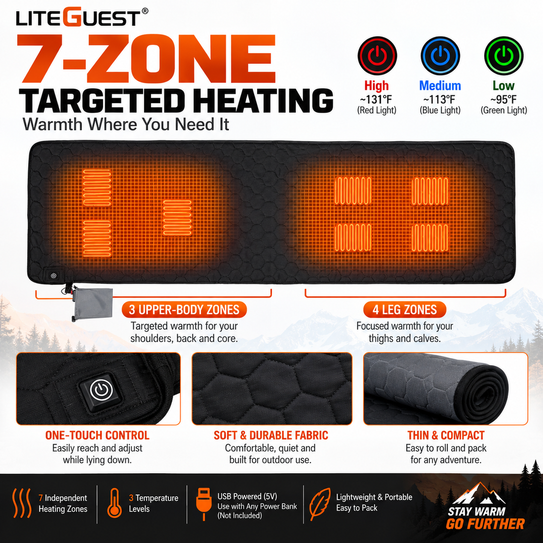 LITEGUEST 7-Zone USB Heated Sleeping Mat | Camping Sleeping Pad