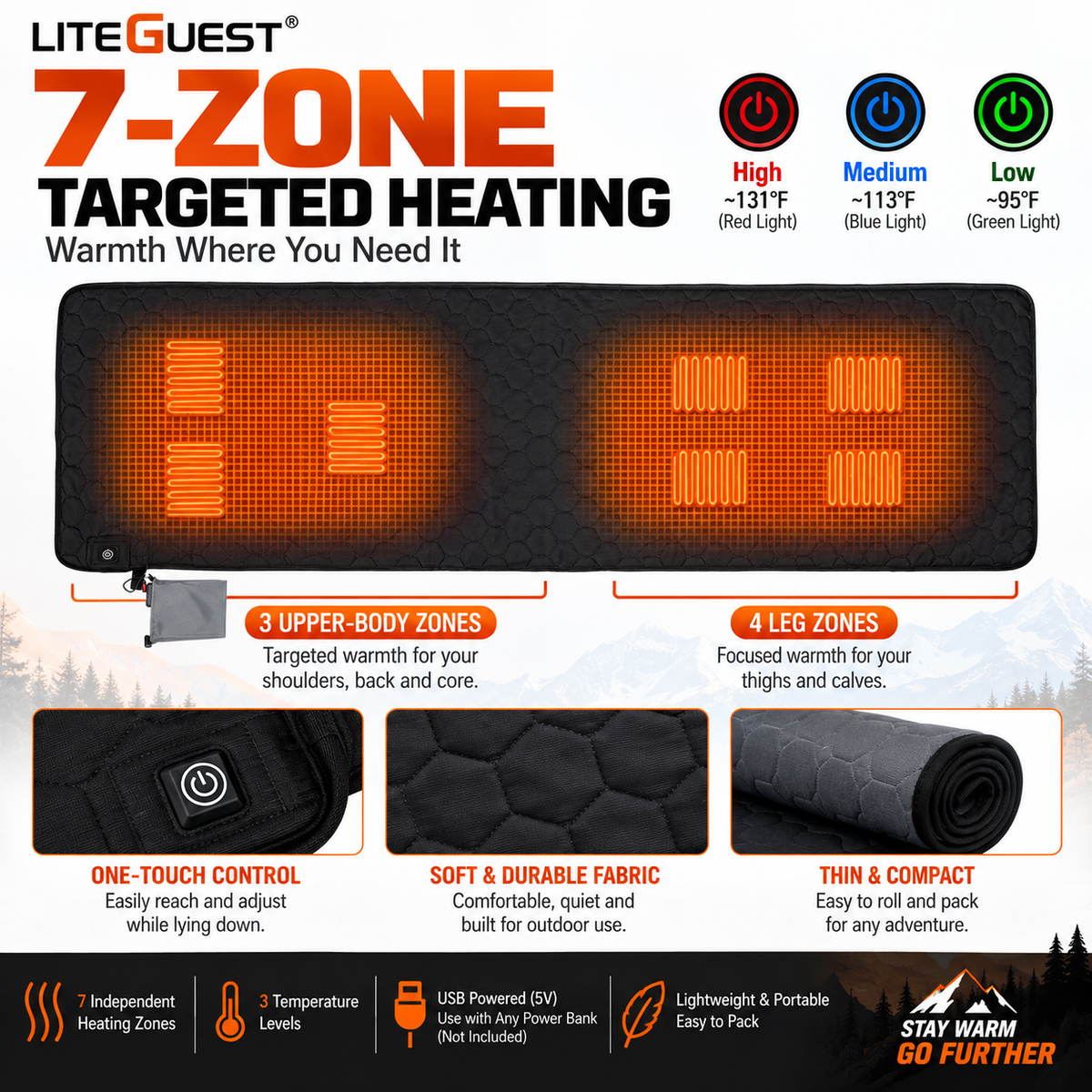 LITEGUEST 7-Zone USB Heated Sleeping Mat | Camping Sleeping Pad