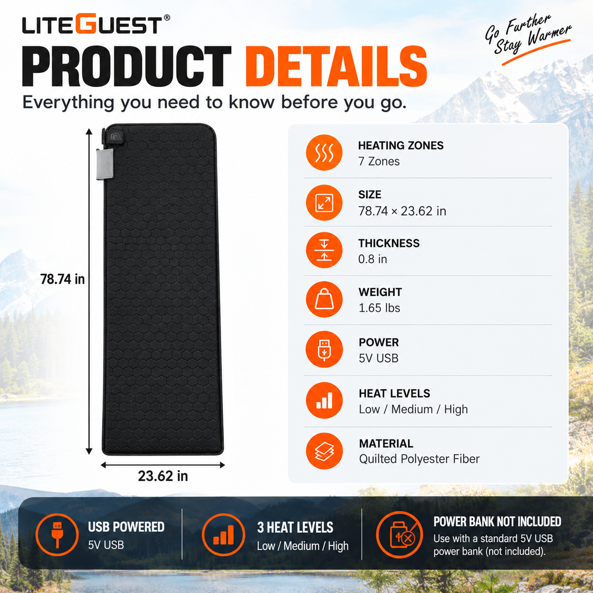 LITEGUEST 7-Zone USB Heated Sleeping Mat | Camping Sleeping Pad