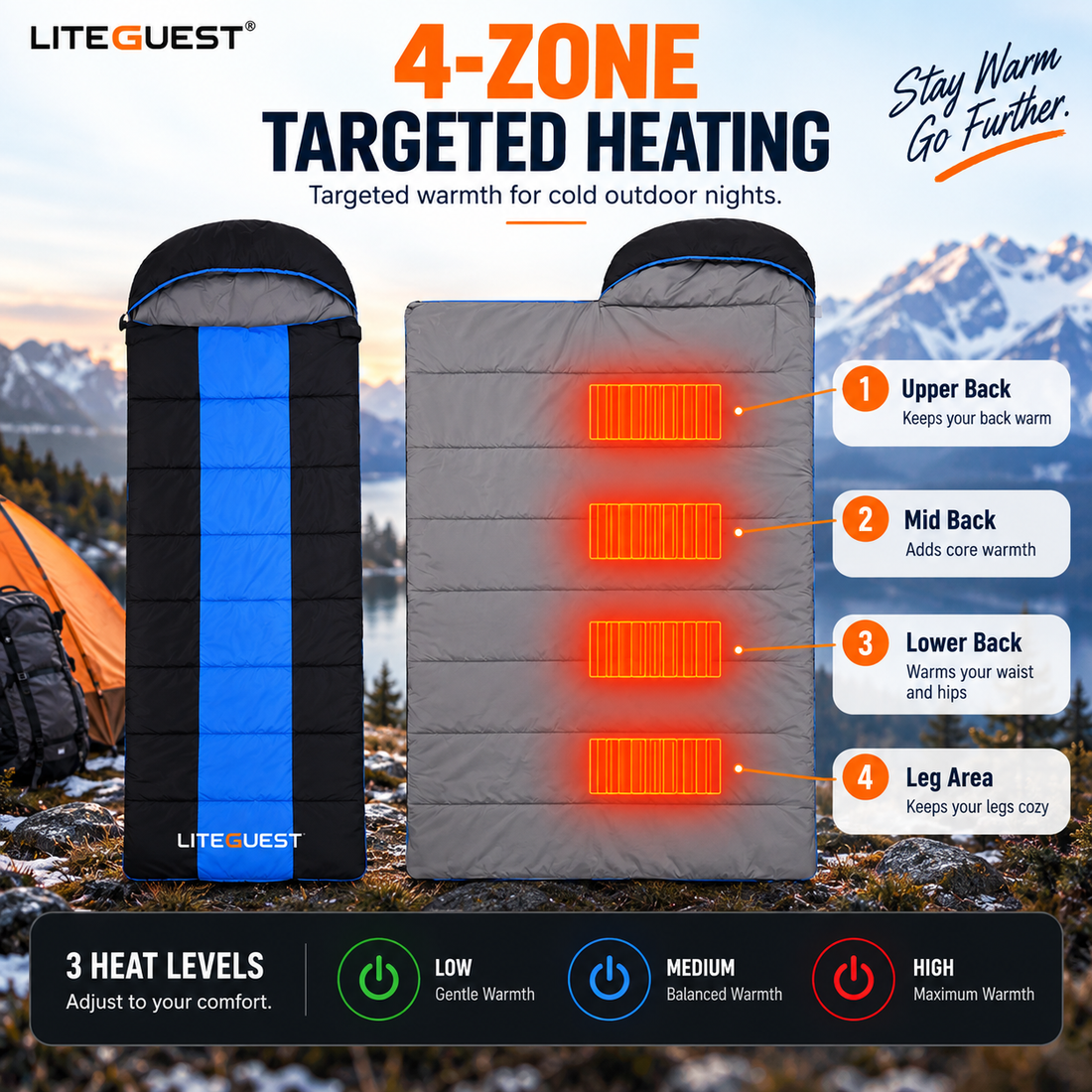 LITEGUEST USB Heated Single Sleeping Bag | Heated Camping Sleeping Bag