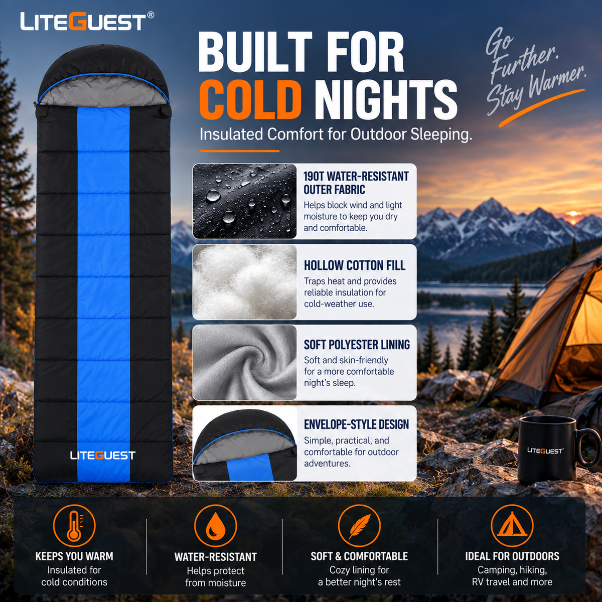 LITEGUEST USB Heated Single Sleeping Bag | Heated Camping Sleeping Bag