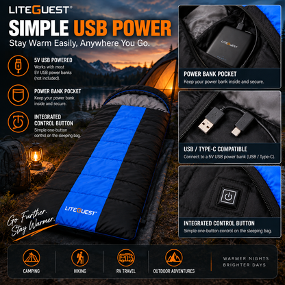 LITEGUEST USB Heated Single Sleeping Bag | Heated Camping Sleeping Bag