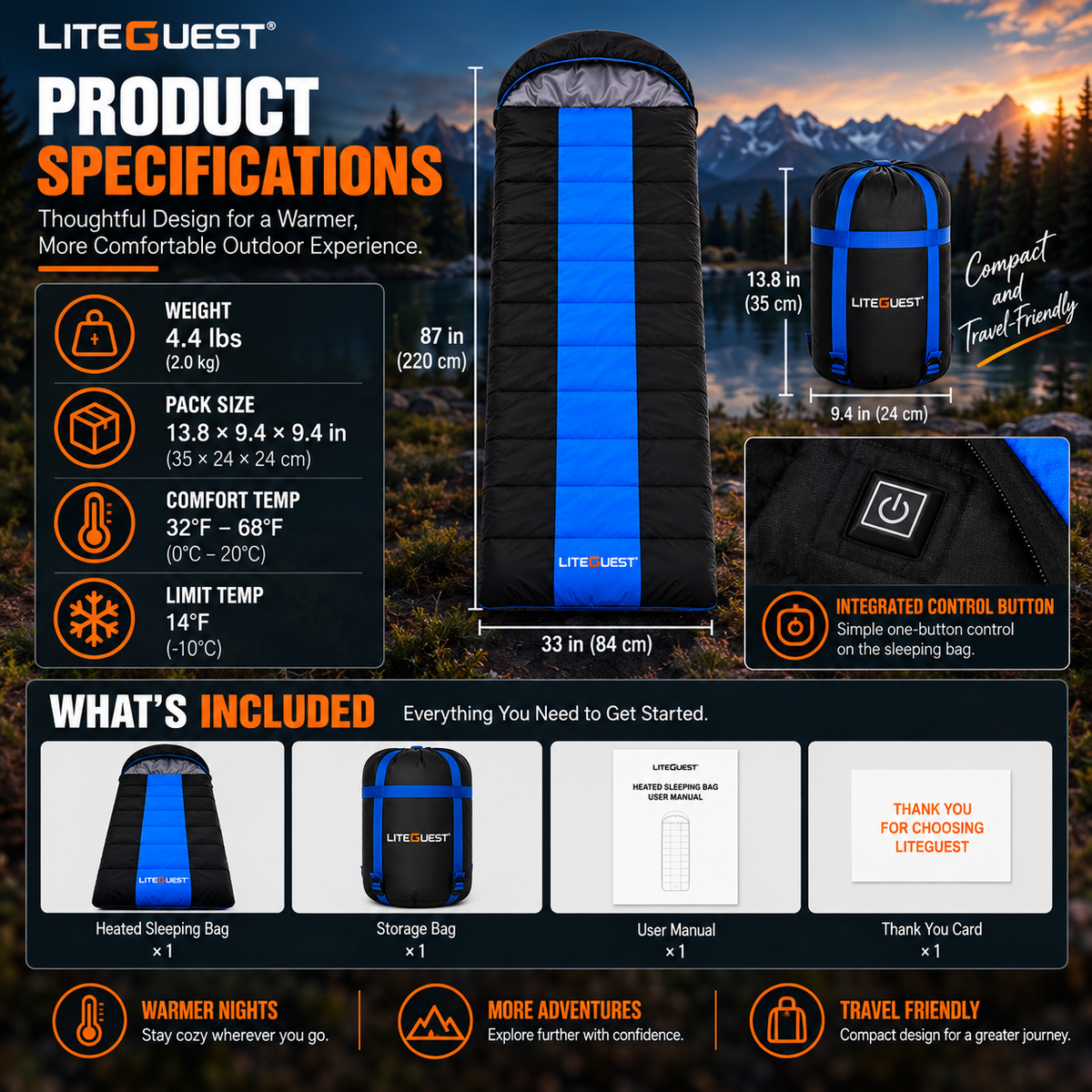 LITEGUEST USB Heated Single Sleeping Bag | Heated Camping Sleeping Bag
