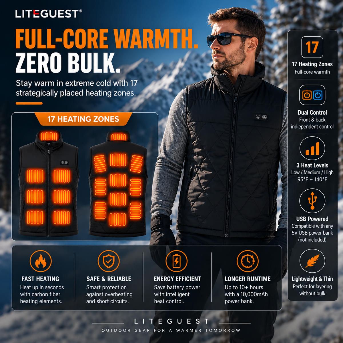 LITEGUEST 17-Zone Heated Vest | Dual Control USB Winter Warmth