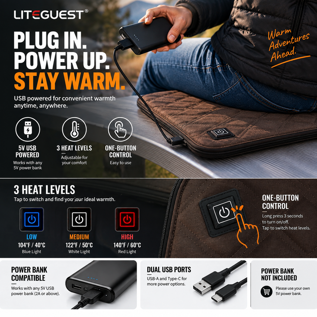 LITEGUEST Ultra Slim Heated Seat Cushion | USB Heated Seat Cushion