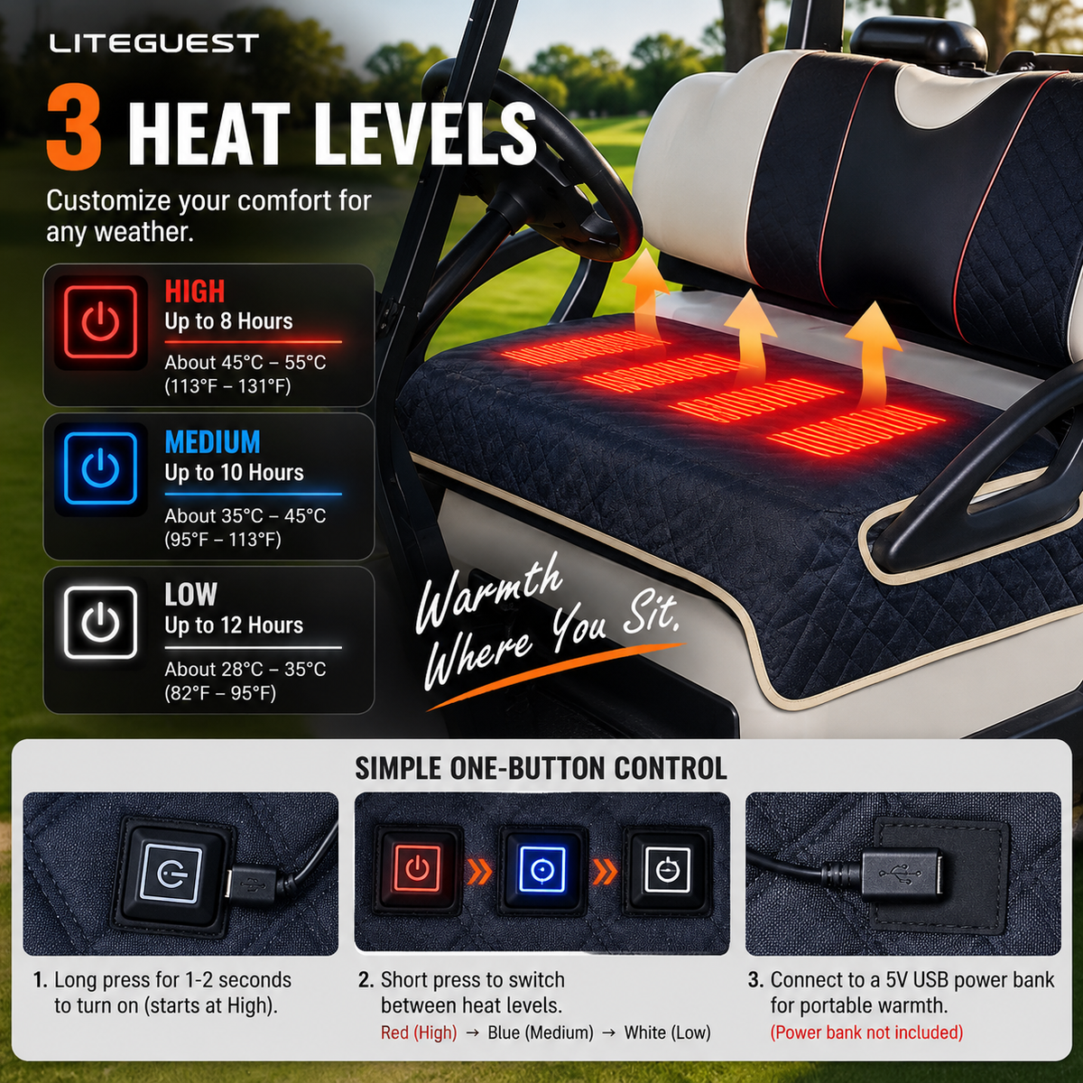 LITEGUEST Heated Golf Cart Seat Cushion | USB Heated Golf Seat Pad