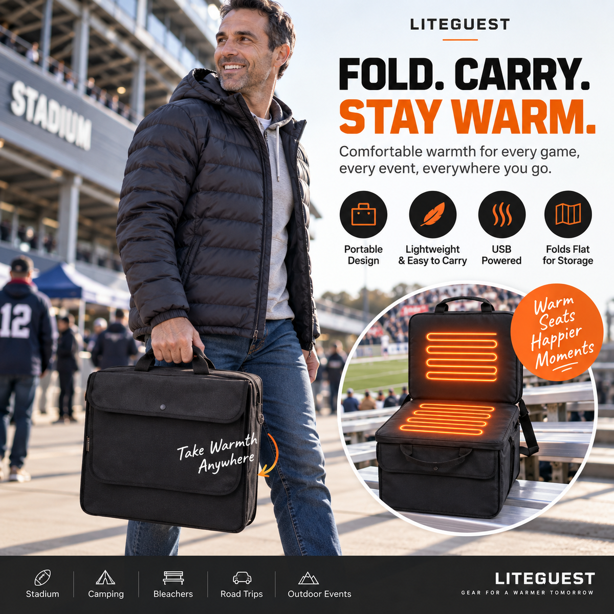 LITEGUEST Heated Stadium Seat with Back Support | USB Powered