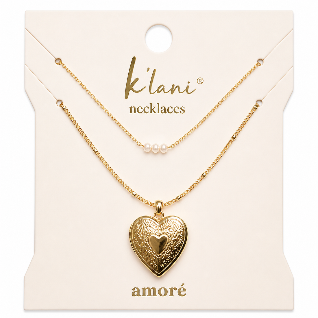 "Amoré" Gold Heart with Pearl Details Necklace Set