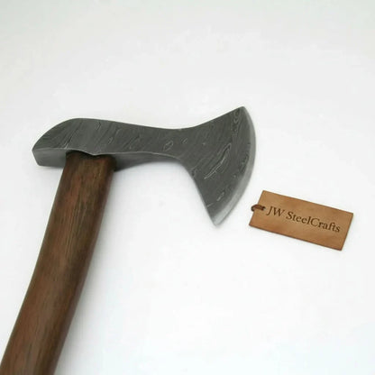 Hand Forged Damascus Steel Viking Axe – True Layered Bearded Axe with Hardwood Handle &amp; Leather Sheath | JW SteelCrafts