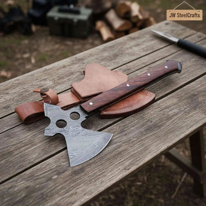 Full-Tang Damascus Camping Axe with Rosewood Handle Scales, Skeletonized Spine &amp; Leather Sheath | JW SteelCrafts