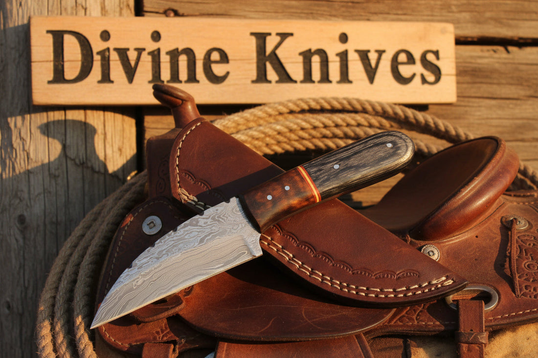 Copper Banded Two-Tone Wood Damascus Clip Point Hunting Knife