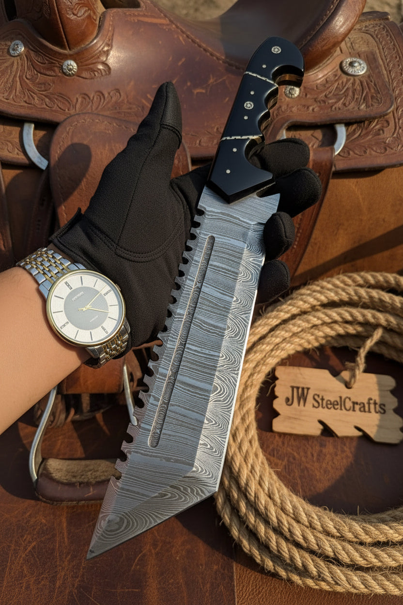 Handmade Damascus Tracker Knife 12” Sawback Blade Survival Knife Black resin Handle &amp; Sheath