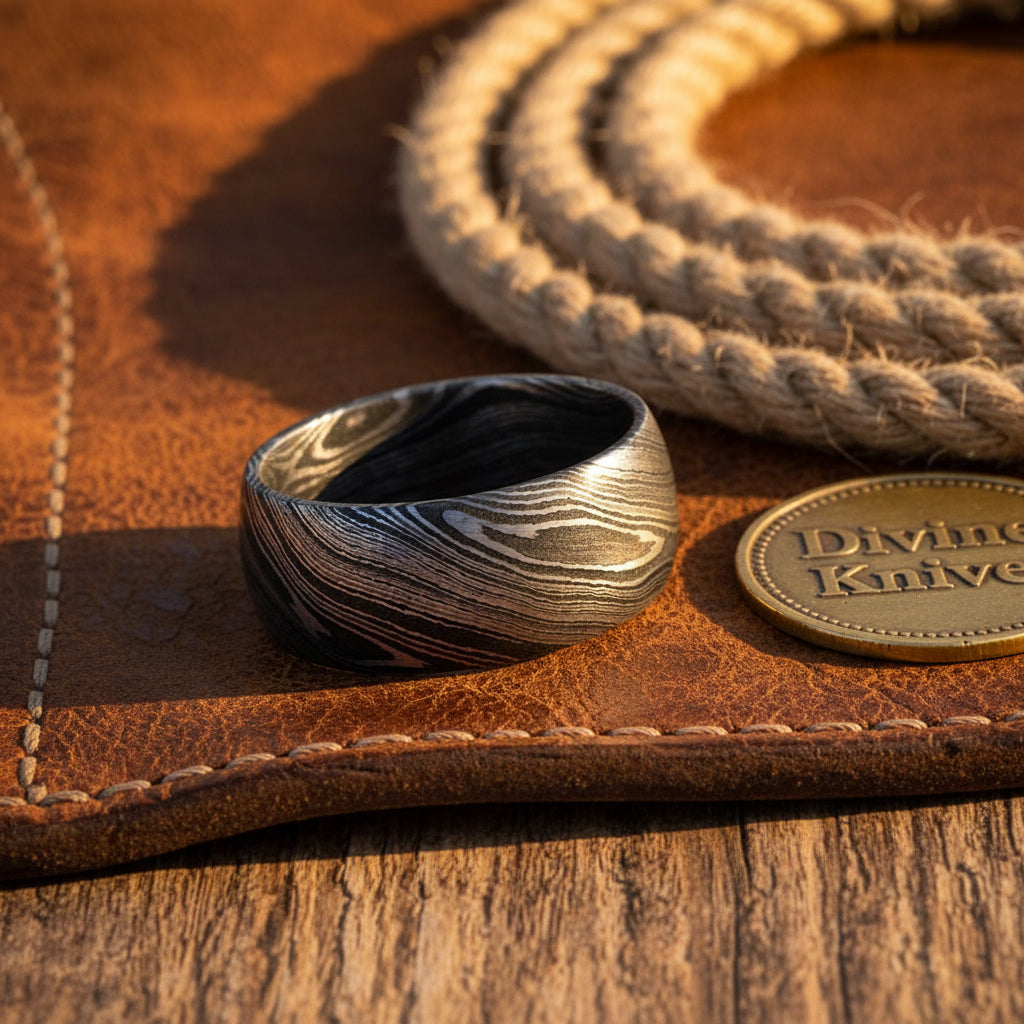 Layered Mokume Damascus Wedding Ring with Wood-Grain Pattern
