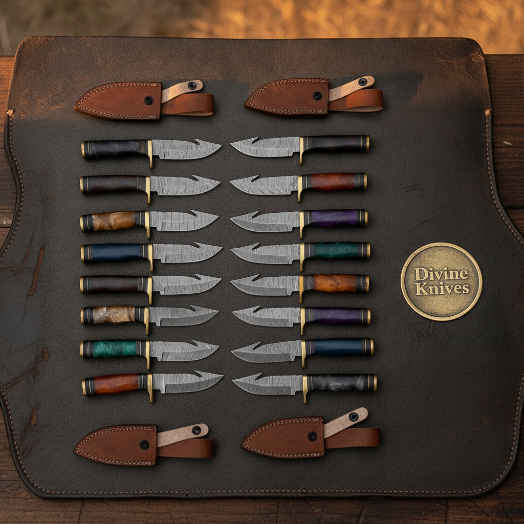 Damascus Gut Hook Skinner Lot with Assorted Color Handles