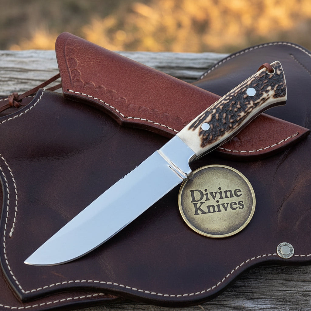 Stag Horn Drop Point Hunting Knife with Leather Sheath