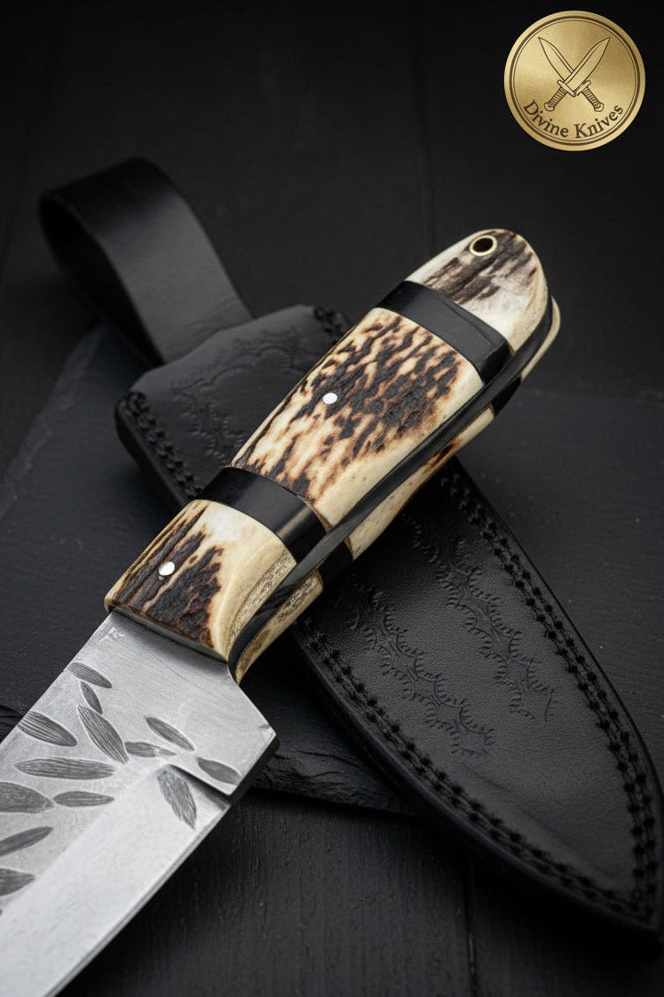 Stag Horn Cowboy Hunter Knife with Leaf Textured Spine