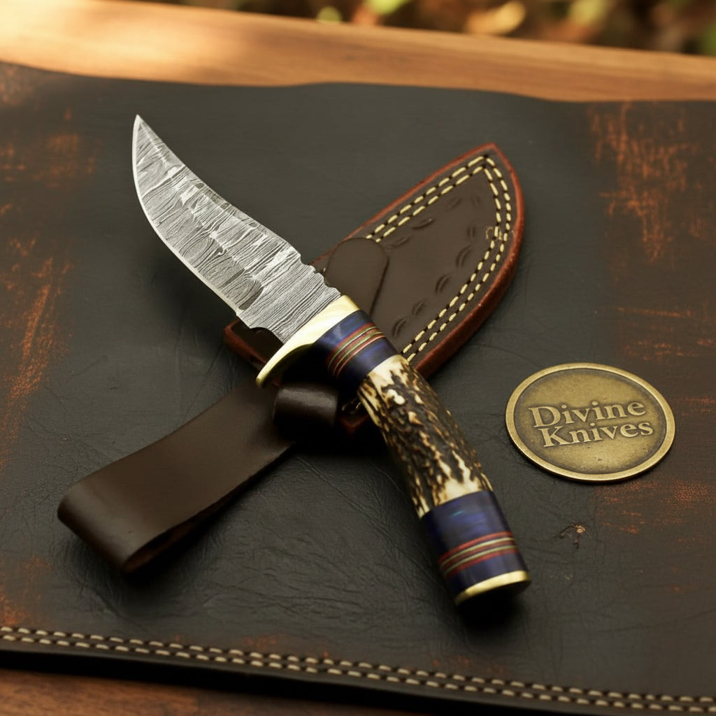 Stag Horn &amp; Resin Damascus Skinner with Leather Sheath
