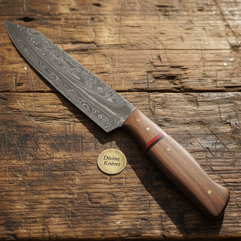 Redline Damascus Gyuto Knife with Wood Grain Blade and Red Accent Handle