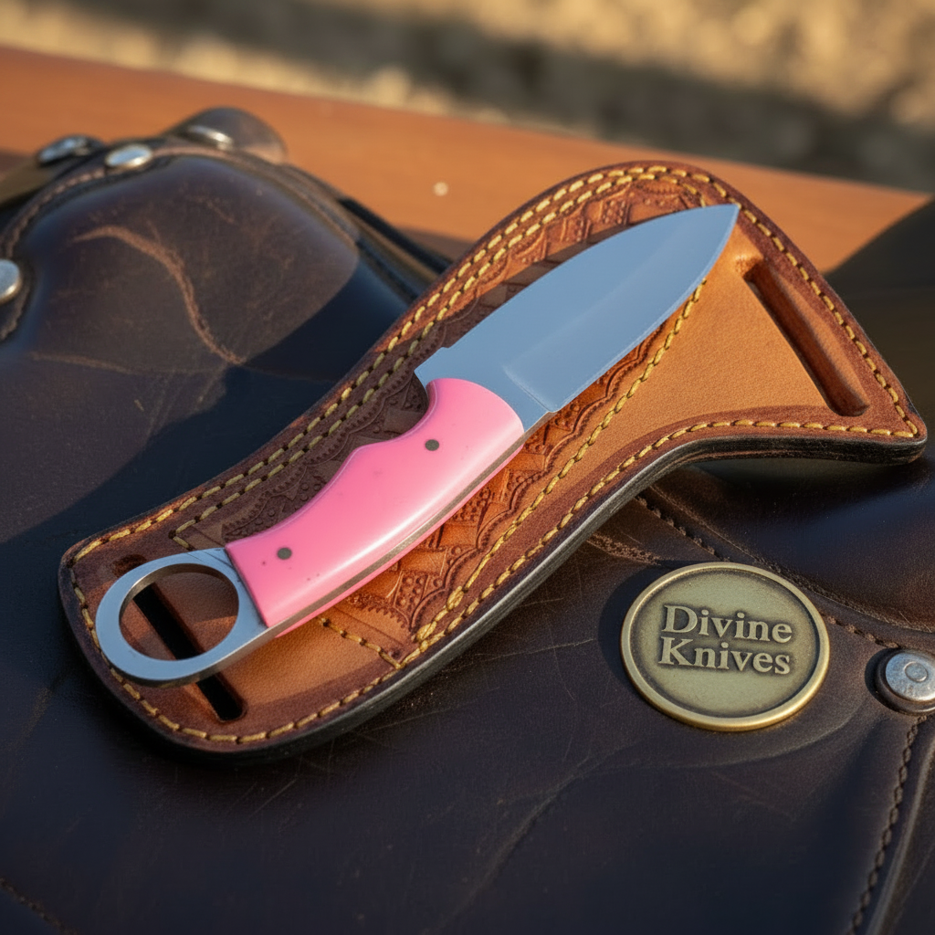 Carbon Steel Pink Resin Ring Skinner Knife with Ring Pommel