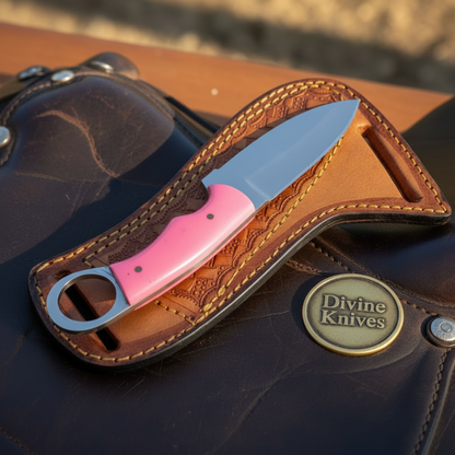 Carbon Steel Pink Resin Ring Skinner Knife with Ring Pommel
