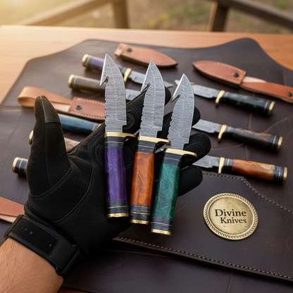 Damascus Gut Hook Skinner Lot with Assorted Color Handles