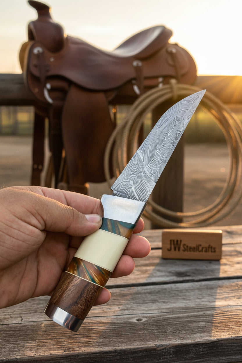 Hunting Knife 4.5” Damascus Steel Straight Back Blade Hybrid Wood Resin Handle Viking-Inspired