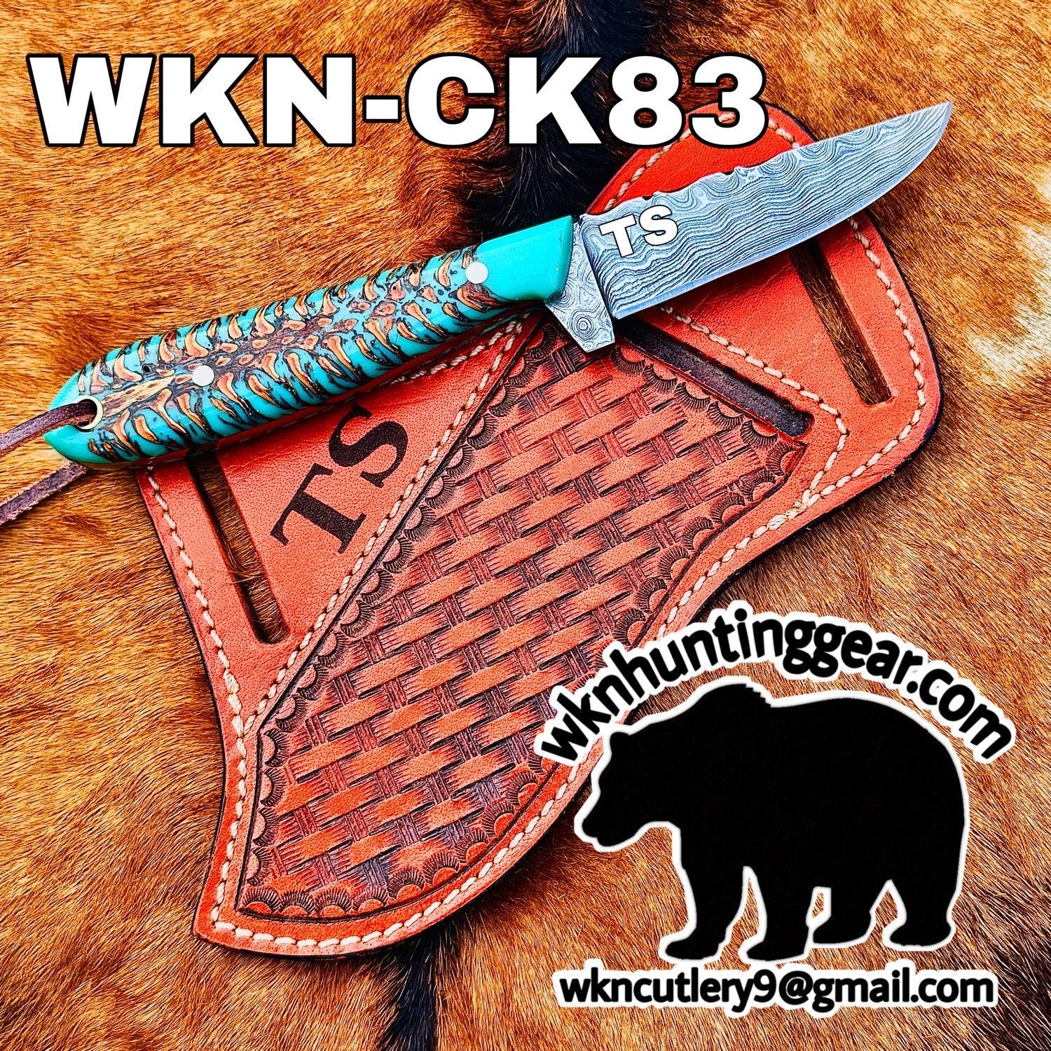 Turquoise Stag Resin Drop Point Knife with Twist Pattern Blade for Hunters and Outdoor Users