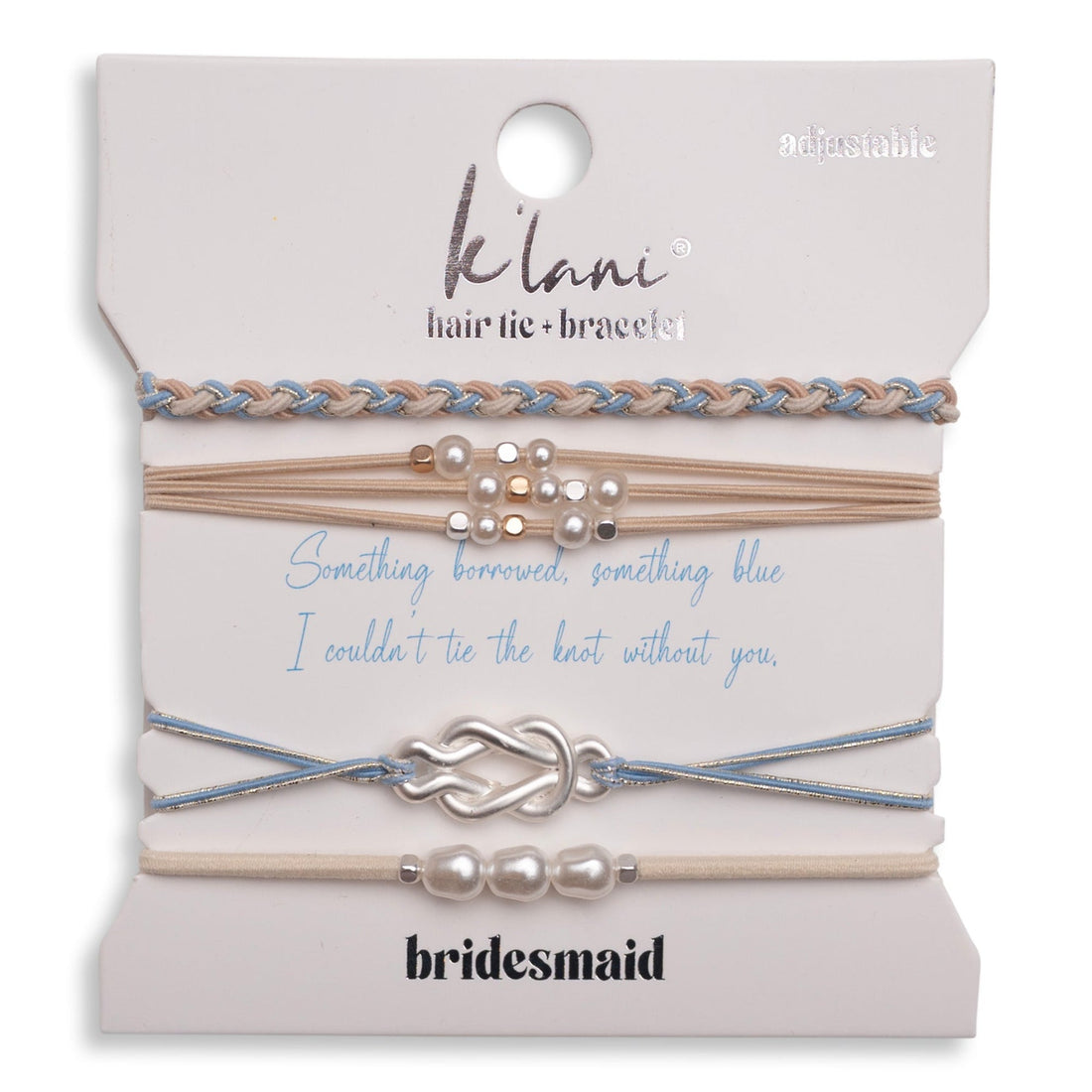 "Bridesmaid" Cream &amp; Blue with Pearl Accent Adjustable Hair Tie Bracelets