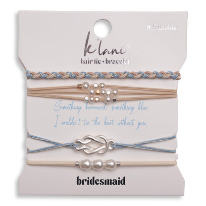 "Bridesmaid" Cream &amp; Blue with Pearl Accent Adjustable Hair Tie Bracelets